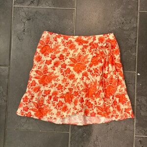 Sezane Coral pink and cream mini wrap skirt